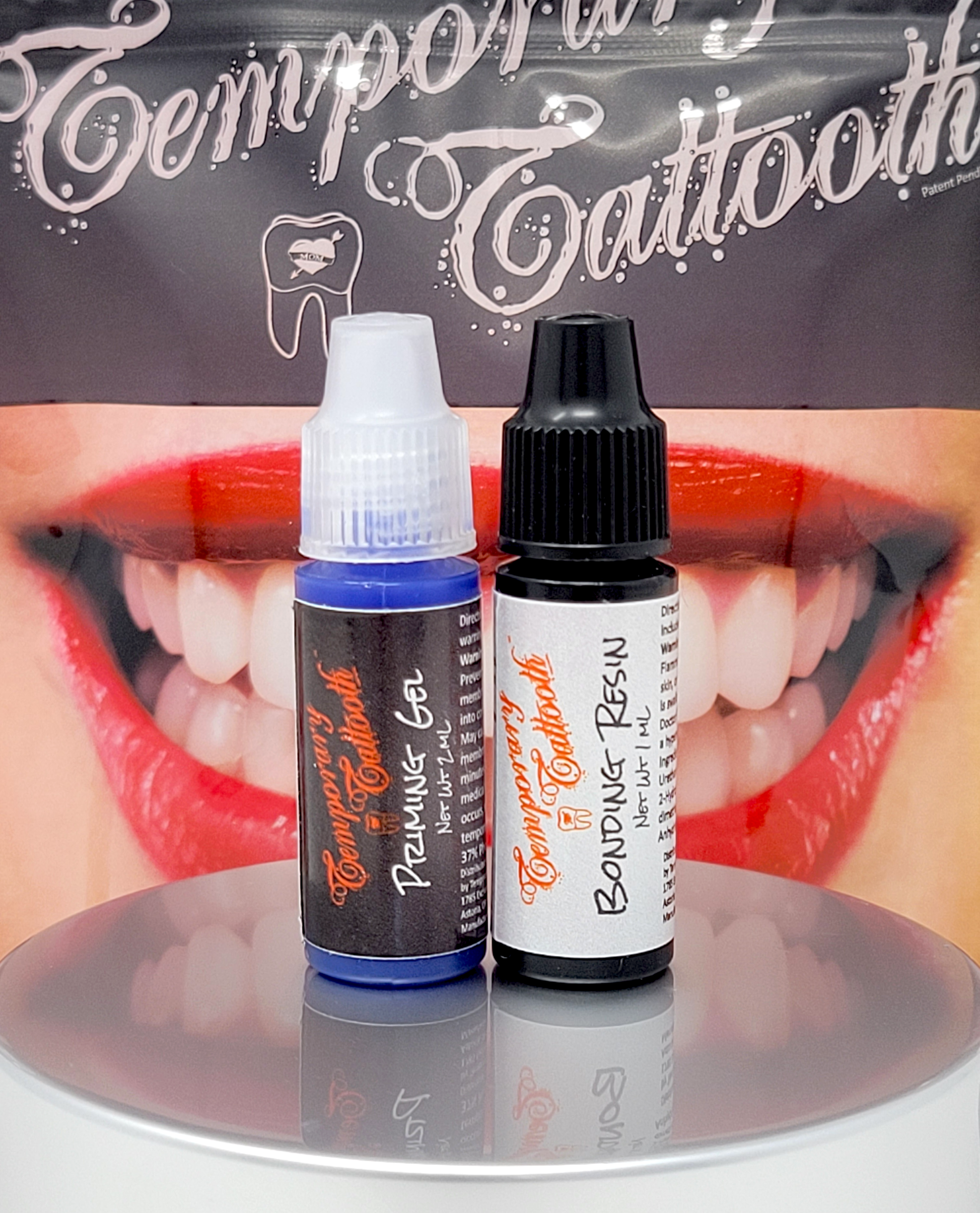An alternate photograph of Temporary Tattooth Priming gel on the left and Temporary Tattooth Bonding Resin on the right.  These are products used to apply Temporary Tooth Tattoos.