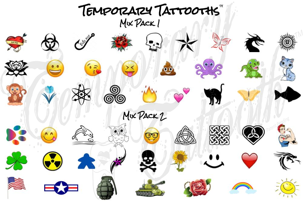 This image shows the tooth tattoos available in Mix Pack 1 and Mix Pack 2. 