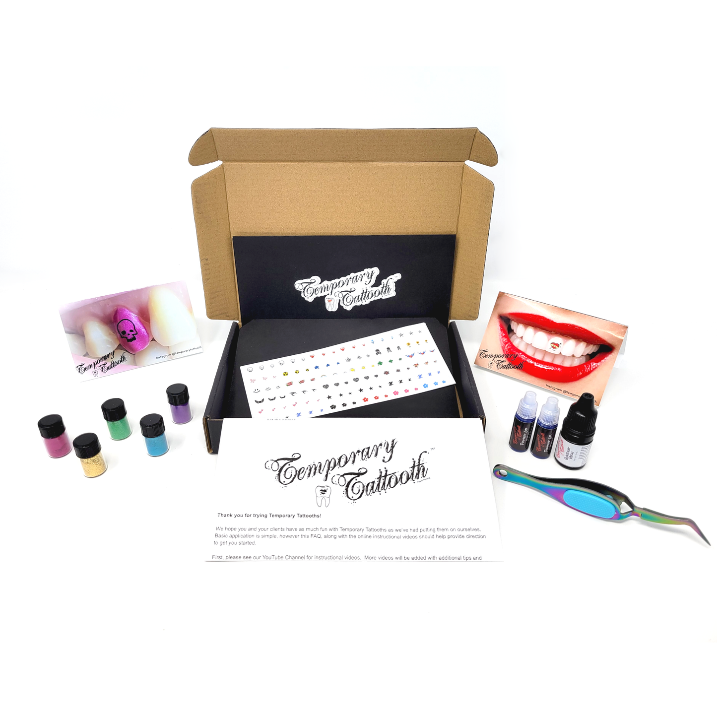 A Temporary Tattooth Professional Starter Kit.  Every thing needed to apply temporary tooth tattoos and colorants to teeth.