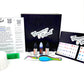 This is an image of the full Temporary Tattooth Essentials Kit that shows the tattooths, also known as tooth tattoos, as well as the tooth colorants.  These products can be used to apply temporary tooth tattoos and colorants to teeth.  The photo also shows reverse lock forceps and instructions to apply tooth tattoos and colorants.