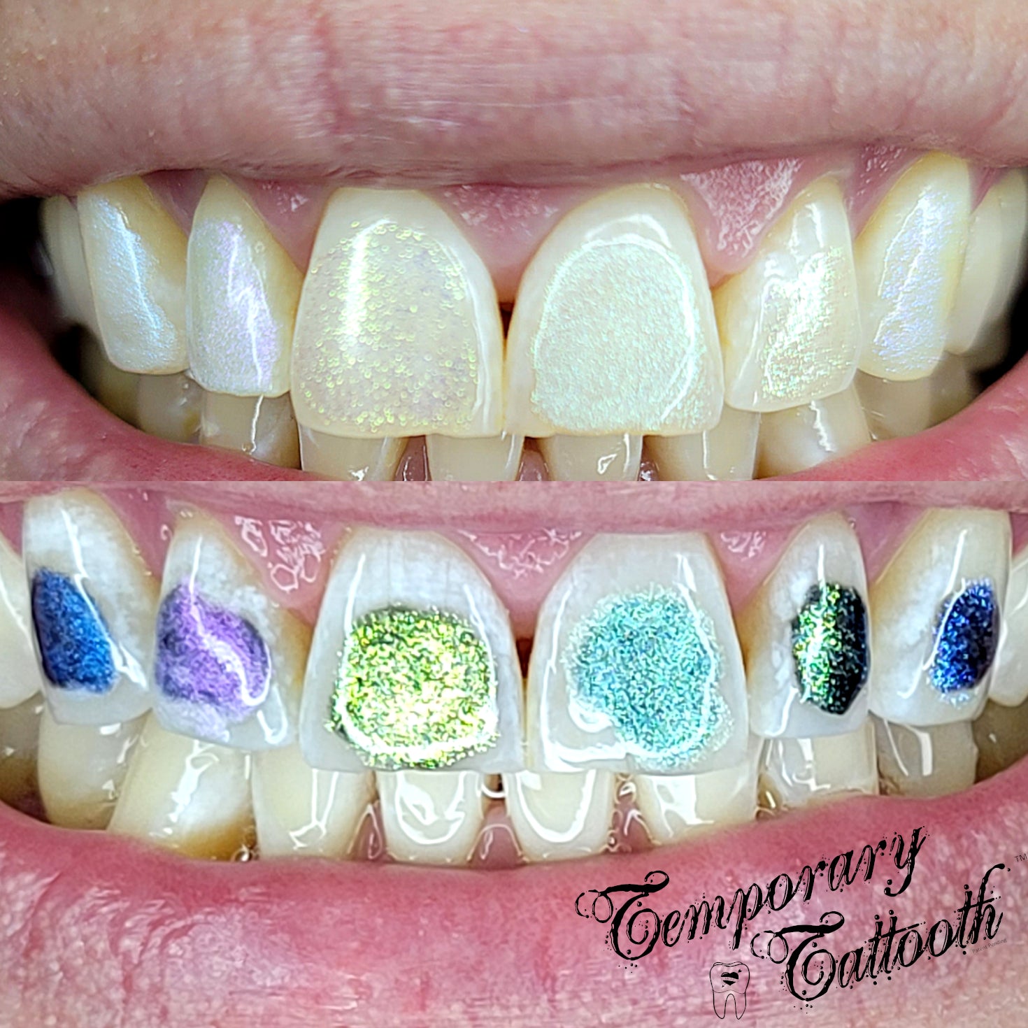 This photo shows an example of Galaxy - Iridescent Temporary Tattooth Colorants with and without a Black Shimmer Undercoat.  From Left to Right: Light Blue, Purple, Lime, Turquoise, Green, Blue.  These are tooth tattoo colorants.